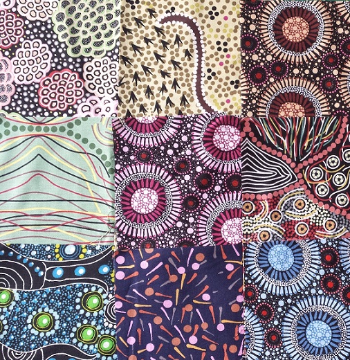 9 Australian Aboriginal Fabric Precut 9 1/2" squares - Pack 4 - Click Image to Close